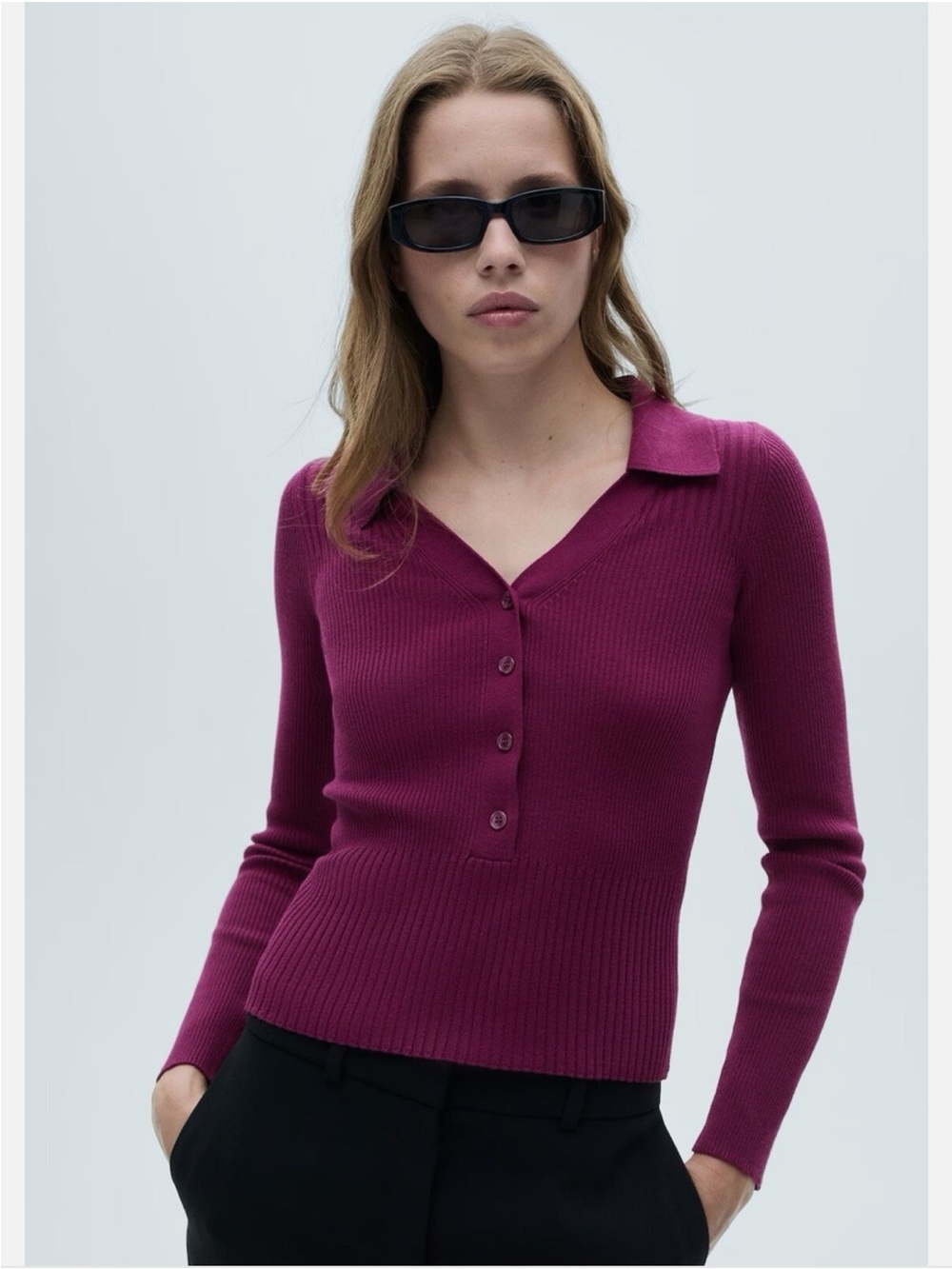 Mango Ribbed Button-Up Polo Sweater in Plum